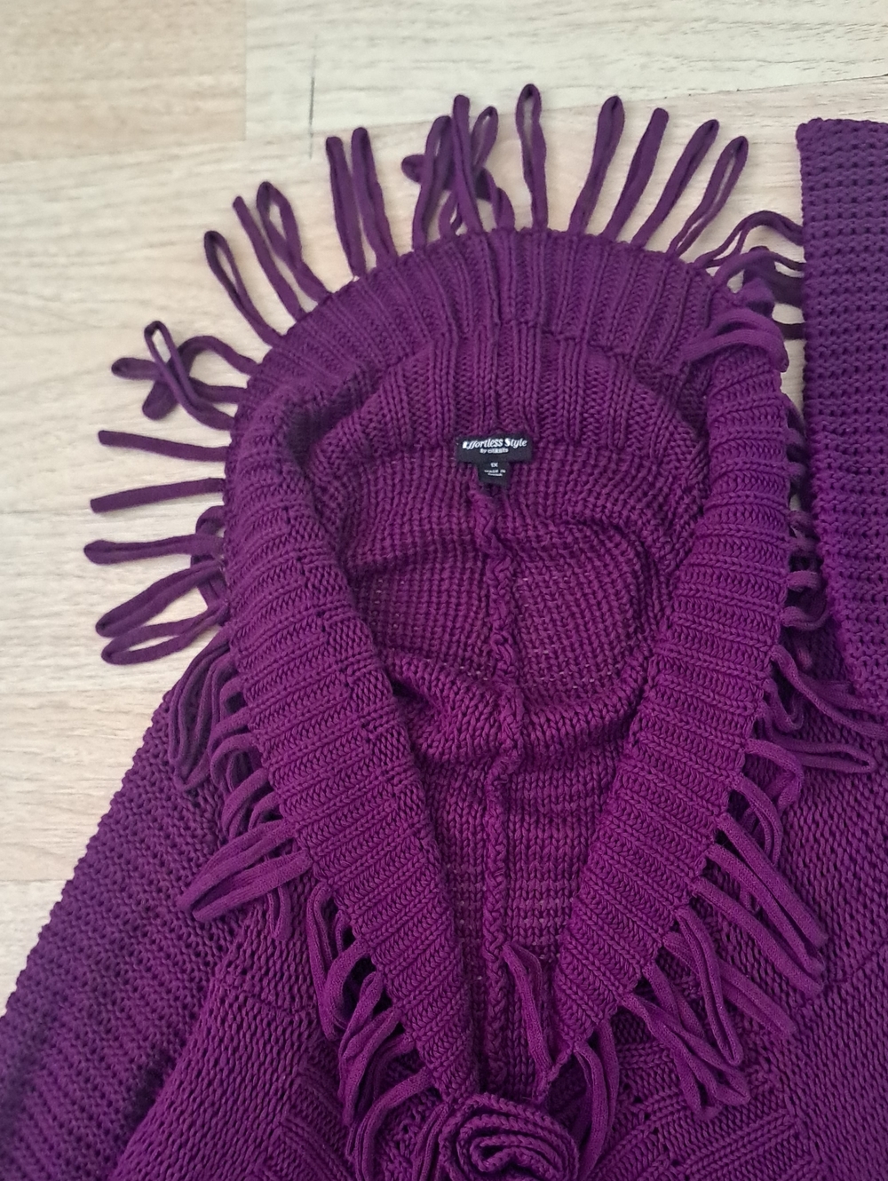 Citiknits Plum Purple Knit Ruffle Fringe Cardigan with Rose Detail 1X Boho - Picture 2 of 12